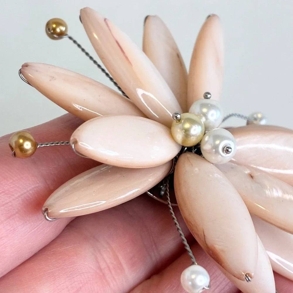 Vintage Flower Brooch Peach Carved Shell Faux Pearl Petal Statement Pin